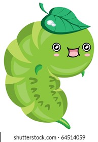 Cute cartoon caterpillar with leaf. Vector illustration.