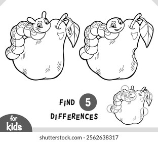 Cute cartoon caterpillar and pear. Find differences black and white educational game for children