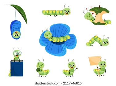 Cute cartoon caterpillars set vector illustration isolated on a white background. Cute funny insects for kids.