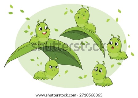 Cute cartoon caterpillars with various emotions on green leaves, surrounded by falling foliage