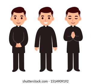 Cute cartoon catholic priest character drawing set, smiling and praying. Isolated vector clip art illustration of religious profession.