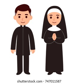 Cute cartoon catholic priest and nun. Simple drawing of religious characters, vector illustration.