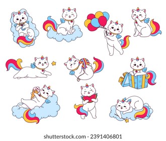 Cute cartoon caticorn characters, funny cute kitty cat unicorns, vector kid animals. Cheerful rainbow caticorn kitty on cloud with balloons in birthday gift box with ice cream and magic wand