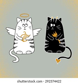 Cute cartoon cats, angel and devil. Vector illustration. 