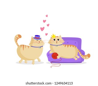Cute cartoon cats boy and girl in love. Male cat in top hat and female princess cat on the sofa with ball and pink hearts between of them. Valentines day holliday concept clip art for greeting card