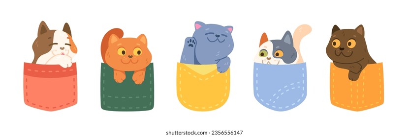 Cute cartoon cats characters in pockets set. Funny animal kittens smiling, looking, waving paw. Adorable happy pet collection. Childish baby kitties, love drawing design flat vector illustration svg