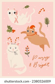 Cute cartoon cats and Christmas decorations, Santa hat, jolly, candy, gifts, garlands. Festive vector illustration - cat on winter holidays in flat cartoon style. Purry and bright, Meowy Christmas