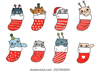 Cute cartoon cats in Christmas socks set. Merry Christmas and happy New year card. Collection drawing of cute cats with decorative headband, hat. Vector illustration isolated on a white background.