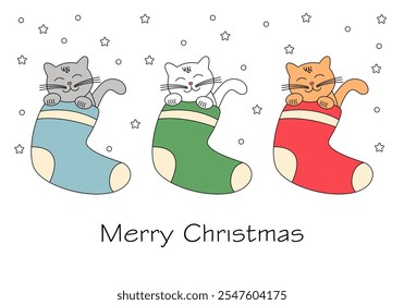 Cute cartoon cats in Christmas socks. Merry Christmas and Happy New Year postcards. Vector illustration on a white background