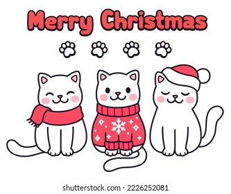 Cute cartoon cats in Christmas sweater, scarf and hat with text Merry Christmas. Kawaii greeting card. Vector clip art illustration.