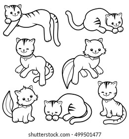 Cute cartoon cats collection. Vector black and white coloring page