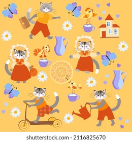 Cute cartoon cats in costumes, birds, butterflies, funny houses, jugs and cups of milk, flowers, sun, isolated on a warm yellow-orange background. Seamless print for fabric, wallpaper for kids. Vector