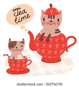 Cute cartoon cats with cup of tea and kettle 