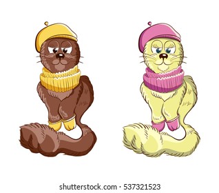 Cute cartoon cats in different color variants. Glamour kitties. Vector illustration
