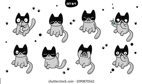 Cute cartoon cats with different emotions. Sticker collection. Vector set of doodle emoji and emoticons. Set 4