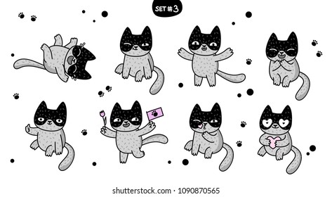 Cute cartoon cats with different emotions. Sticker collection. Vector set of doodle emoji and emoticons. Set 3