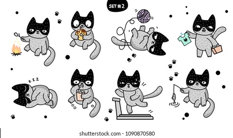 Cute cartoon cats with different emotions. Sticker collection. Vector set of doodle emoji and emoticons. Set 2