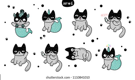 Cute cartoon cats with different emotions. Sticker collection. Vector set of doodle emoji and emoticons. Set 6