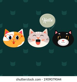 Gatos de dibujos animados con diferentes emociones faciales. Ilustración en segundo plano con un patrón