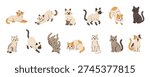 Cute cartoon cats in different poses and colors. Flat vector illustration of playful kittens for children, pet themes and animal designs