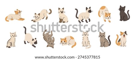 Cute cartoon cats in different poses and colors. Flat vector illustration of playful kittens for children, pet themes and animal designs