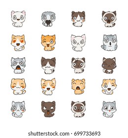 Cute cartoon cats and dogs with different emotions. Sticker collection. Vector set of doodle emoji and emoticons