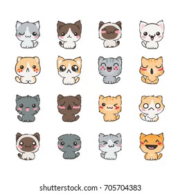 Cute cartoon cats and dogs with different emotions. Sticker collection. Vector set of doodle emoji and emoticons