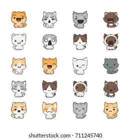 Cute cartoon cats and dogs with different emotions. Sticker collection. Vector set of doodle emoji and emoticons