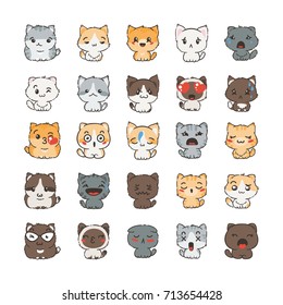 Cute cartoon cats and dogs with different emotions. Sticker collection. Vector set of doodle emoji and emoticons