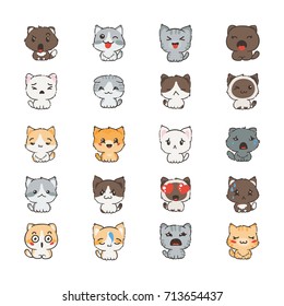 Gatos bonitos desenhos animados e cães com emoções diferentes. Coleção de adesivos. Conjunto vetorial de emoji e emoticons doodle