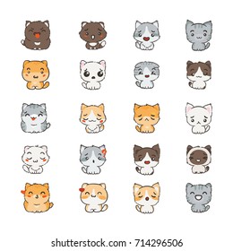 Cute cartoon cats and dogs with different emotions. Sticker collection. Vector set of doodle emoji and emoticons