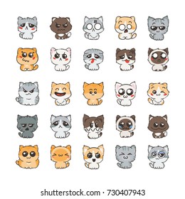 Cute cartoon cats and dogs with different emotions. Sticker collection. Vector set of doodle emoji and emoticons