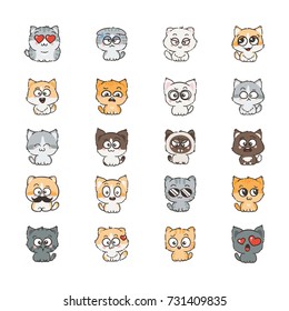 Cute cartoon cats and dogs with different emotions. Sticker collection. Vector set of doodle emoji and emoticons