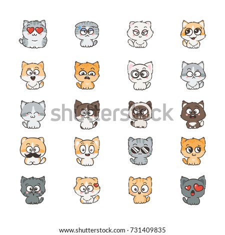 Cute cartoon cats and dogs with different emotions. Sticker collection. Vector set of doodle emoji and emoticons
