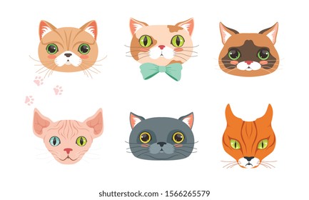 Cute Cartoon Cats and Dogs Muzzle Vector Set