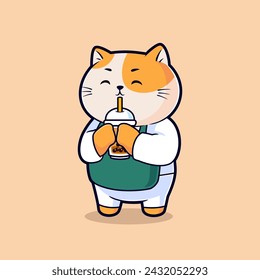 Cute Cartoon Cats Drinking Boba Milk Tea Vector Icon Illustration. Flat Cartoon Style Vector Mascot.