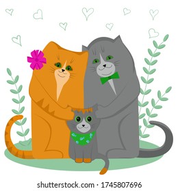 Cute cartoon cats. Family of cats with a kitten. Vector illustration with flat style.