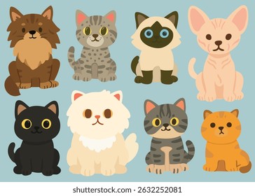 Cute Cartoon Cats Flat Illustration – Various Breeds Collection