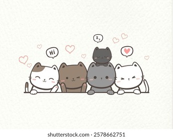 Cute cartoon cats! Four adorable kittens with speech bubbles and hearts. Kawaii style, perfect for pet lovers.