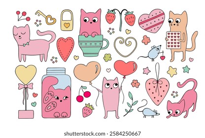 Cute cartoon cats, hand drawn collection for Valentine's Day