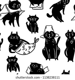 Cute cartoon cats with happy expression, walking, sitting, sleeping. Hand drawn seamless pattern. Vector.