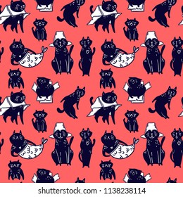 Cute cartoon cats with happy expression, walking, sitting, sleeping. Hand drawn seamless pattern. Vector.