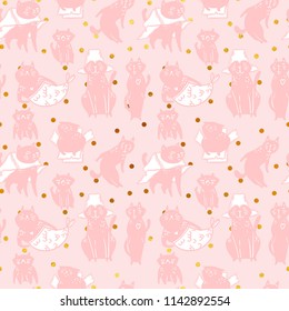 Cute cartoon cats with happy expression, walking, sitting, sleeping. Hand drawn seamless pattern. Vector.