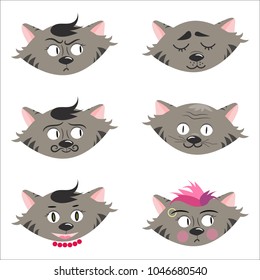 Cute cartoon cats heads with different emotions. Vector illustration.
