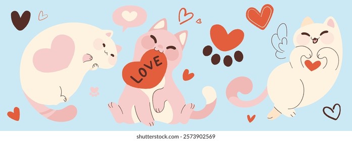 Cute cartoon cats with hearts set on blue backdrop - pink and white adorable kittens. Funny pets with Valentine day romantic mood, paw prints, expressions and love signs. For romantic greeting card.