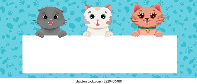 Cute cartoon cats are holding an empty banner with place for your text. Use it for pet shop sign or for flyer super sale template. Vector illustration