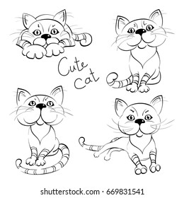 Cute Cartoon cats icons, set black and white cats in various poses, sitting, lying
