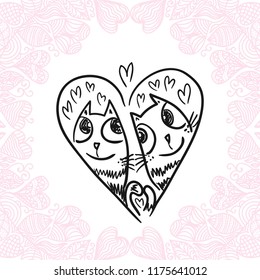 Cute cartoon cats love heart. Vector illustration