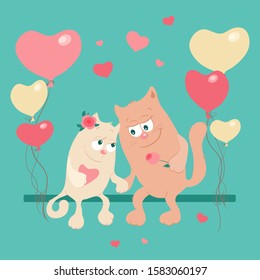 Cute cartoon cats in love on a swing with balloons. Vector illustration