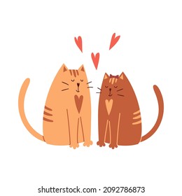 Cute cartoon cats in love are sitting, smiling. Simple childish characters for Valentine's day cards. Vector illustration isolated on a white background